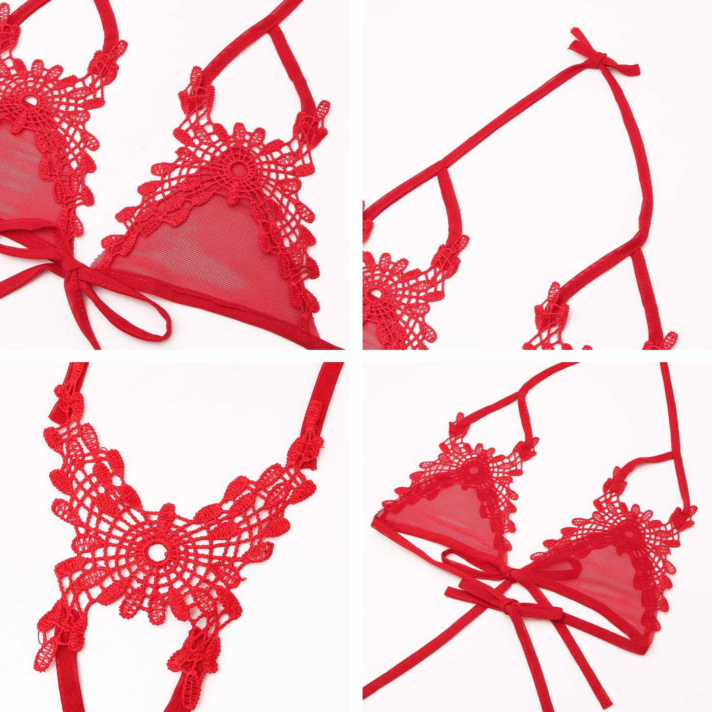 QHQQXN Conjunto de lencería Transparente, Sujetador y Panty de Malla Bordada de Dos Piezas, Top Halter con Tiras, Ropa Interior de Hilo pequeño Entrecruzado para Fiesta en la Playa y Club