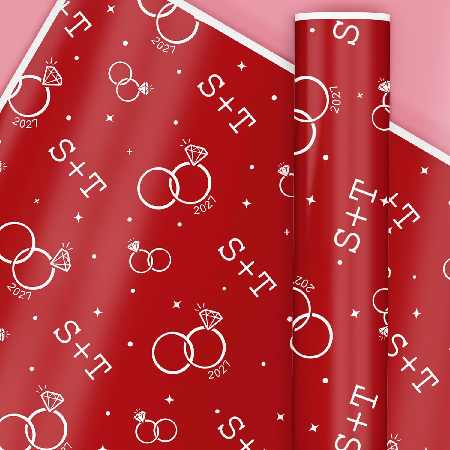 Big Dot of Happiness Custom Cherry Red Wedding Wrapping Paper, Engagement and Anniversary Party Gift Wrap, Personalized with Couple's Initials, 24 in x 7 feet, 1 Roll