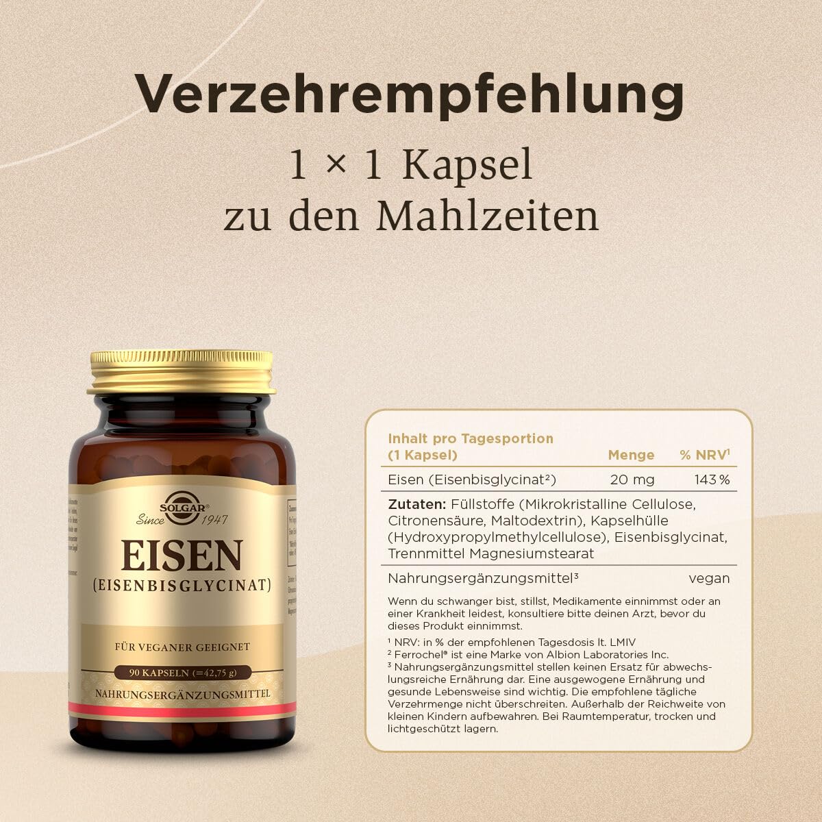 SOLGAR® Eisen | 20 mg Eisen als patentiertes Eisenbisglycinat pro Tagesportion | Magenfreundliche organische Verbindung | 90 vegane Kapseln für 3 Monate