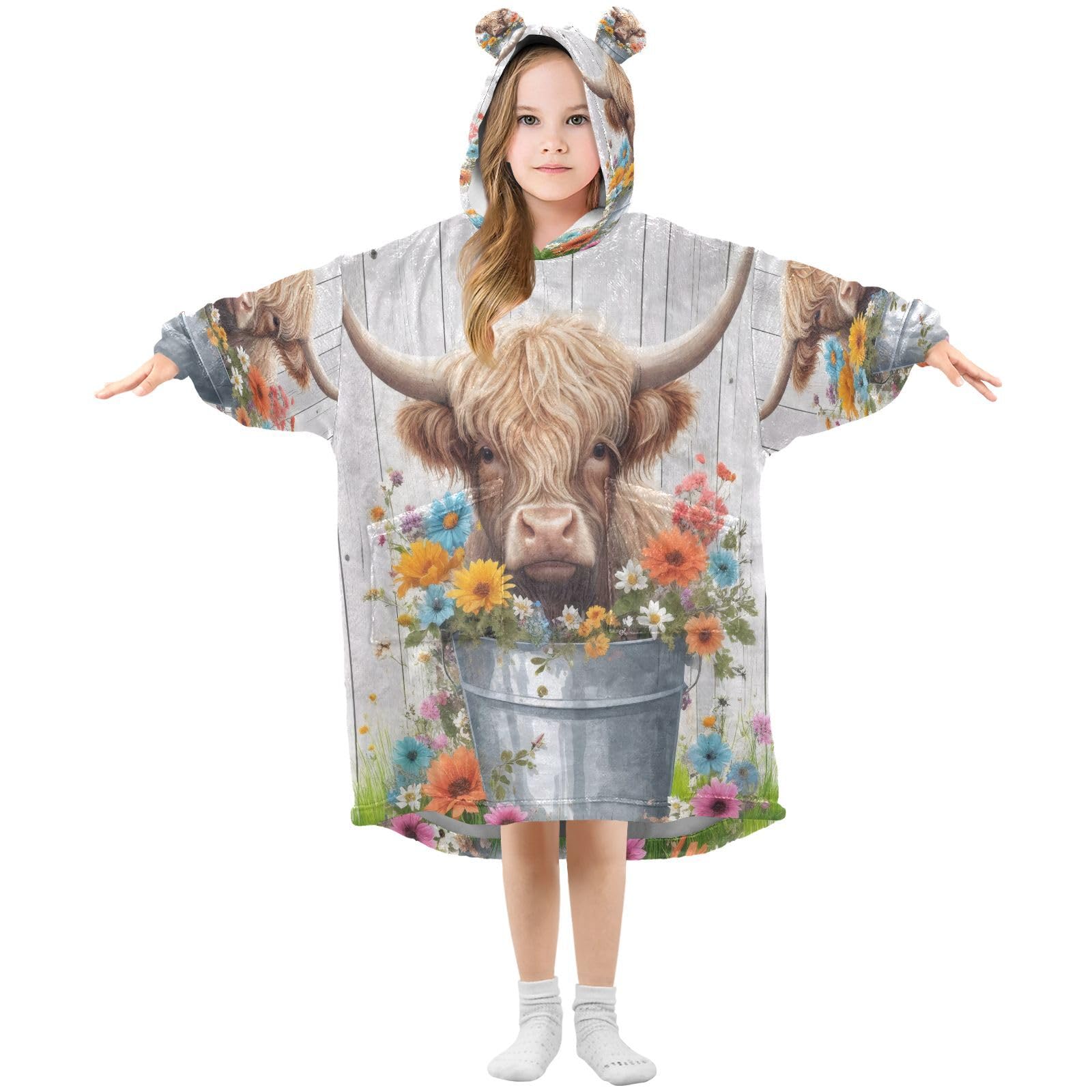 Ewusp Highland Cow Flowers Wearable Blanket Hoodie for Kids Oversized Hooded Sweatshirt Flannel Blanket with Pocket