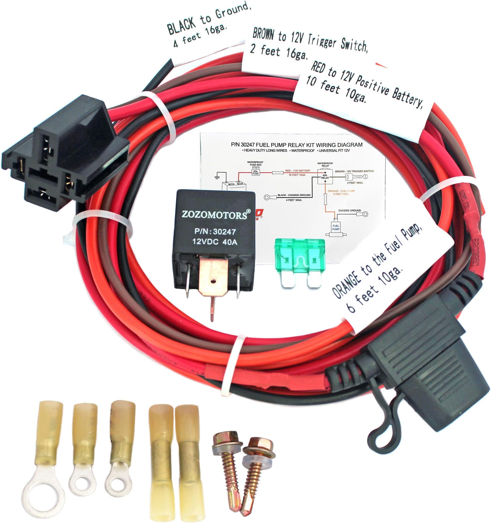 - Electric Fuel Pump Relay Kit Fuel Pump Wiring Harness Bypass 40 AMP Waterproof Switch Heavy Duty Long Wires Universal Fit 12V System P/N 30247