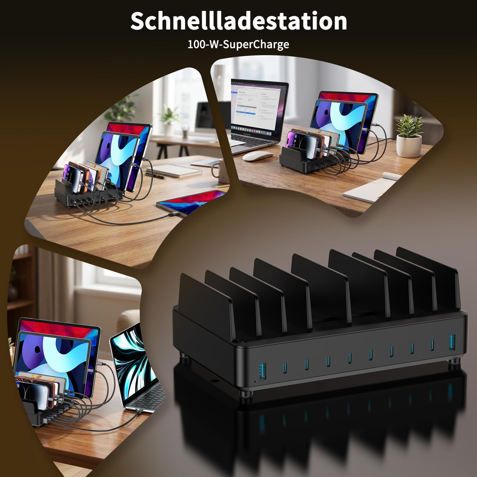 420W Ladestation Mehrere Geräte USB C Charging Station, GaN PD3.0 10 Anschlüsse Handy Ladestation Desktop Ladegerät mit Schnell-Laden Kompatibel mit MacBook Pro/Air, iPhone, Galaxy