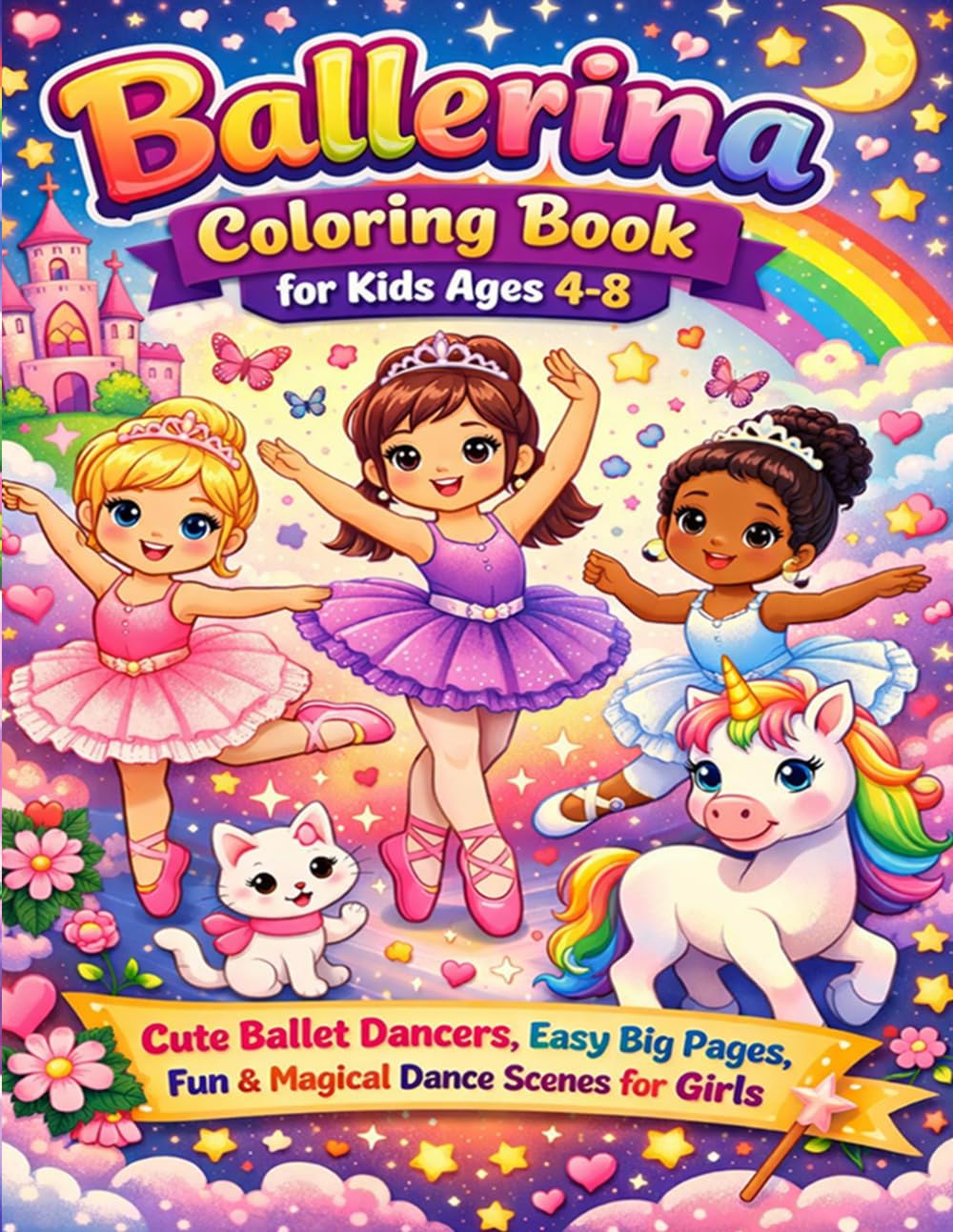 Ballerina Coloring Book for Kids Ages 4–8: Cute Ballet Dancers, Easy Big Pages, Fun & Magical Dance Scenes for Girls