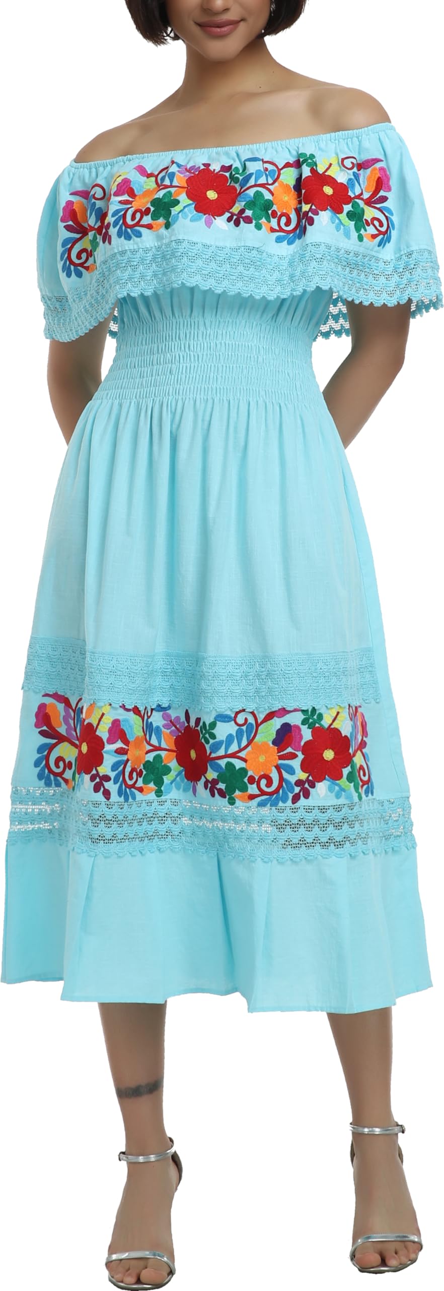 YZXDORWJ Women Embroidered Mexican Peasant Casual Sexy Lace Off-Shoulder Long Dress