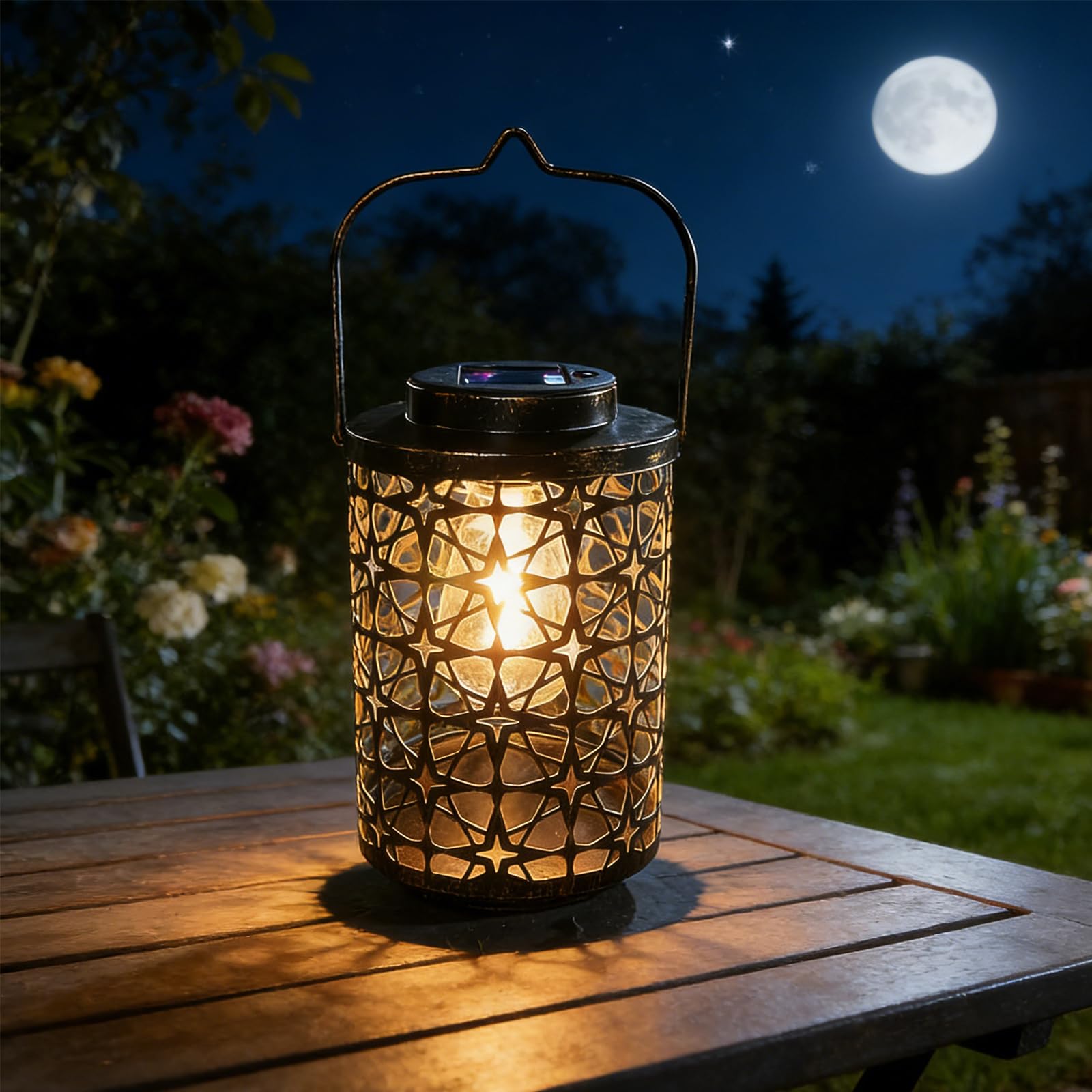 XVZ Solar Lantern for Outdoor Hanging - Weatherproof Garden Decoration with Large LED Bulb, Star Metal Solar Lanterns - Patio Decoration for Balcony, Garden, Patio, Lawn, Table (Copper)