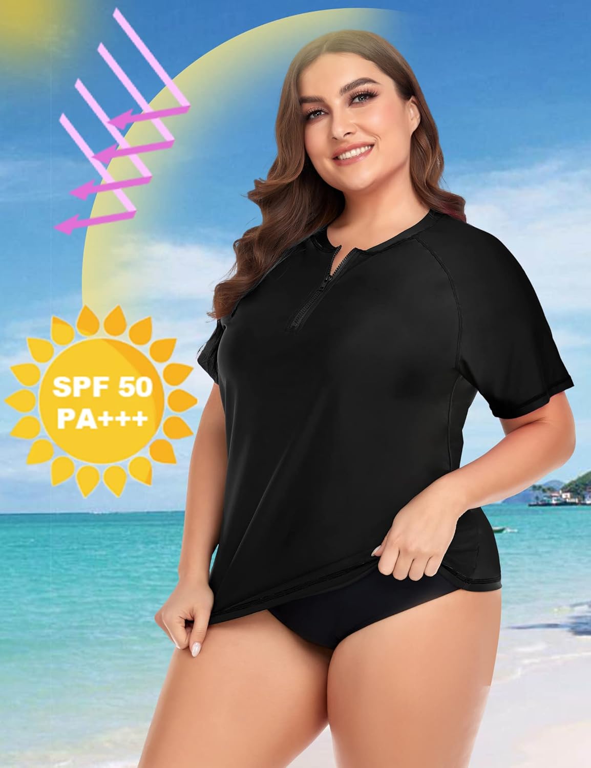 COOTRY Womens Plus Size Rash Guard Short Sleeve Swim Shirt UPF 50+ Sun Protection Zip Swimsuit Tops - Image 4