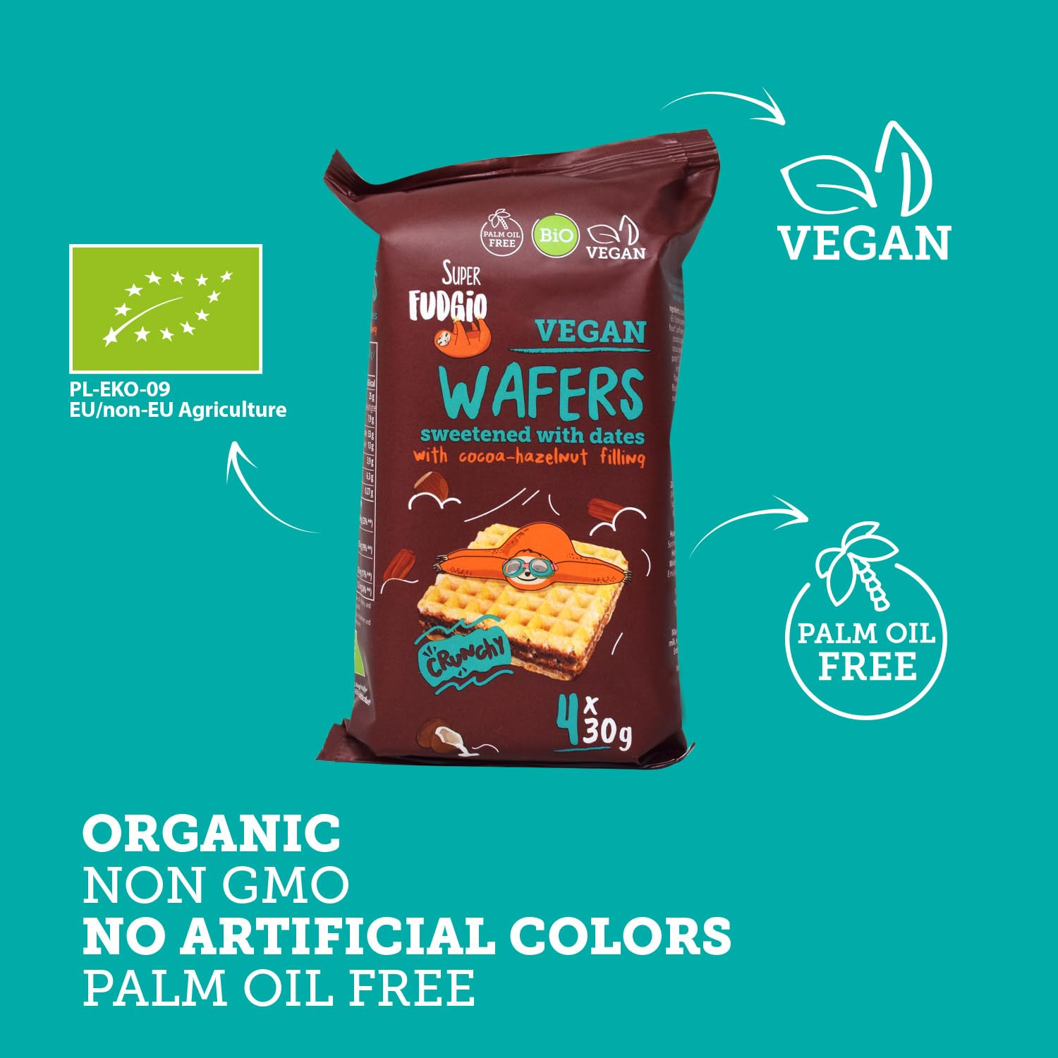 SUPER FUDGiO Bio gofres con crema de cacao y avellana | Endulzado con dátiles en lugar de azúcar | sin aceite de palma | Snack vegano 4 x 30 g (8 unidades)