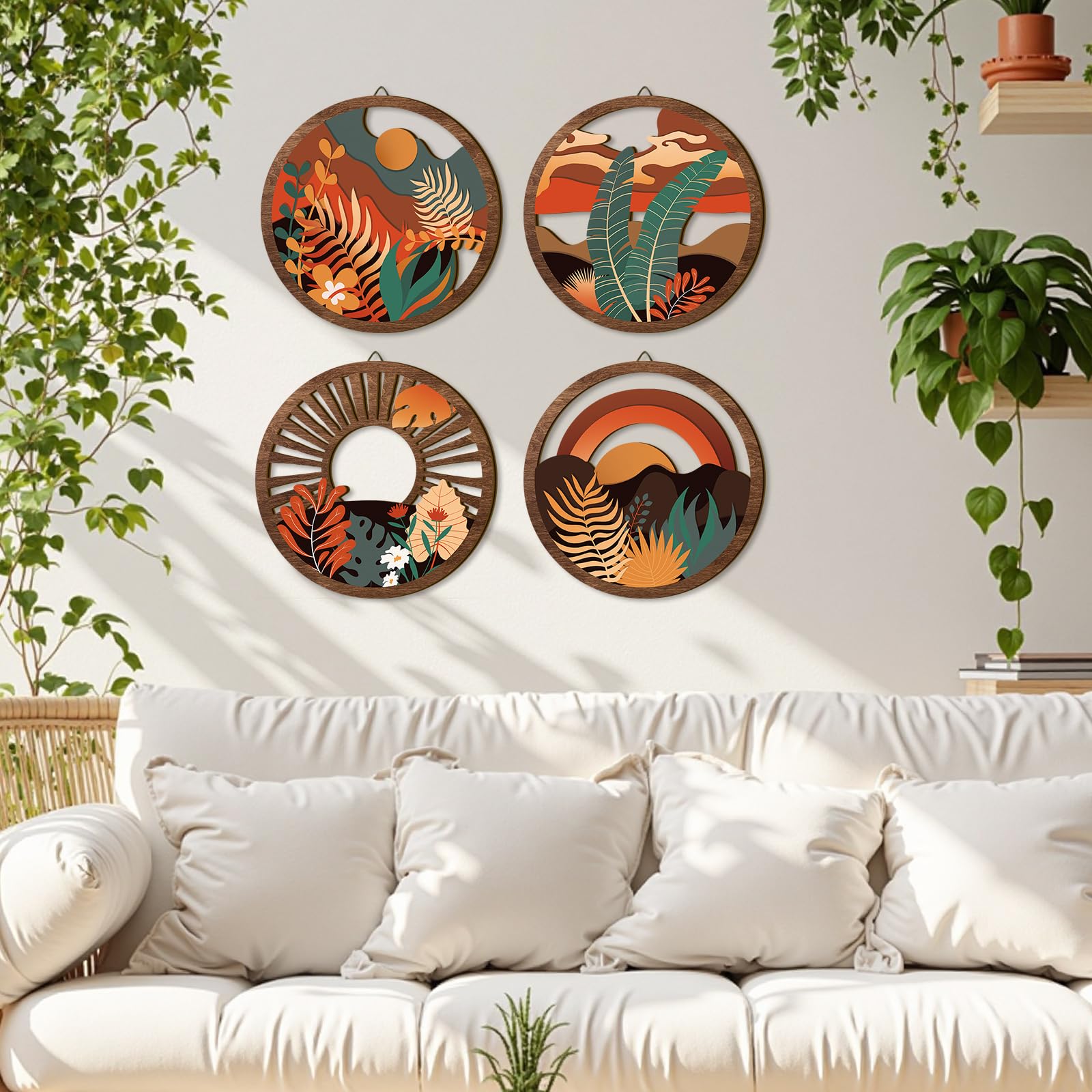 TOARTi 4PCS Boho Wall Art Decor,Wooden Bohemian Wall Art for Living Room,Minimalist Wood Sign Hanging Botanical Geometric Artwork Abstract Plants Desert Sun for Farmhouse Bedroom Office,11x11inch - Image 3