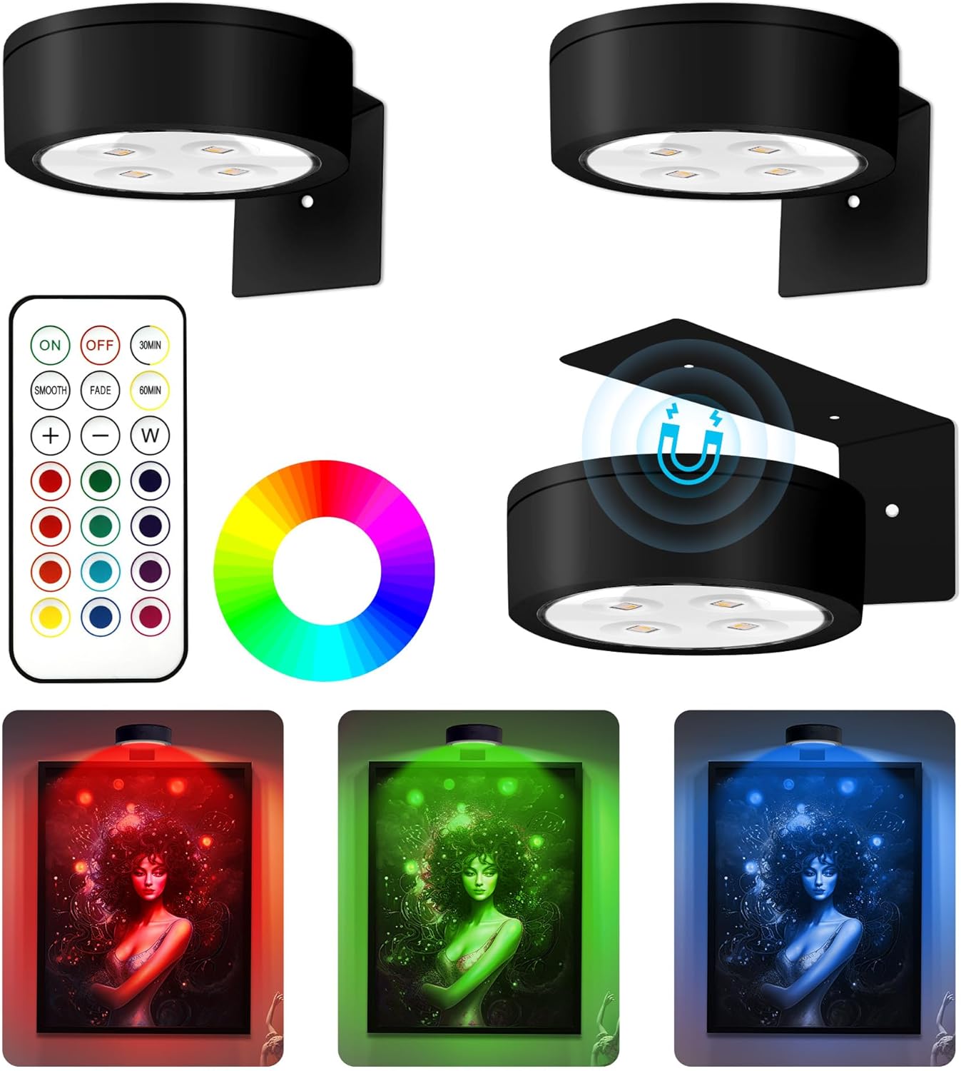 3 luces de imagen para pared, 13 luces LED magnéticas de color RGB para marco de fotos, luz de pintura inalámbrica a batería con control remoto,