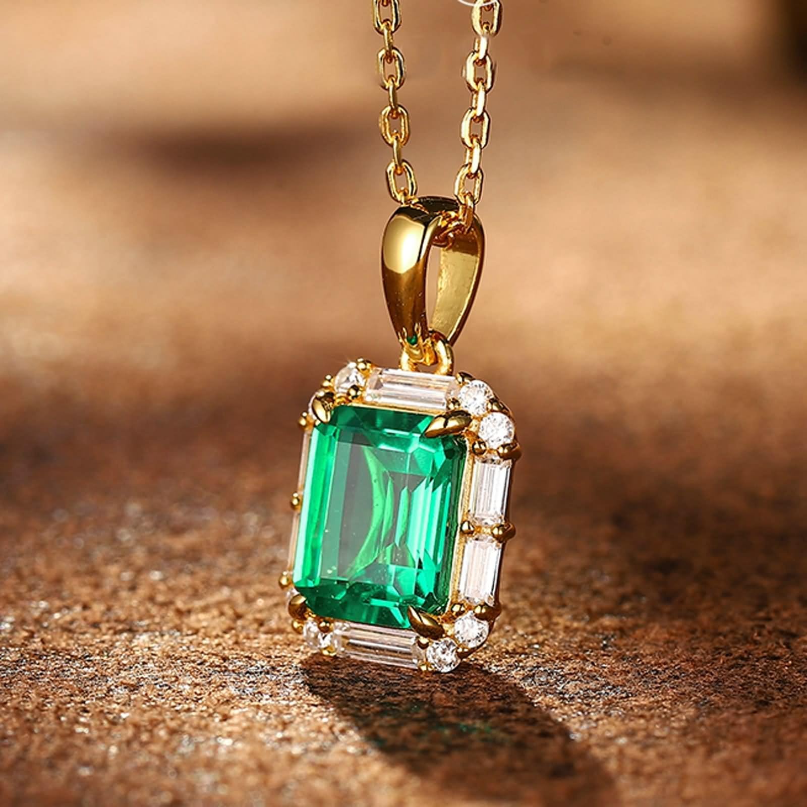 Collana da donna per matrimonio, collana da donna, anniversario, rettangolo con 2 carati in laboratorio, smeraldo e moissanite oro giallo