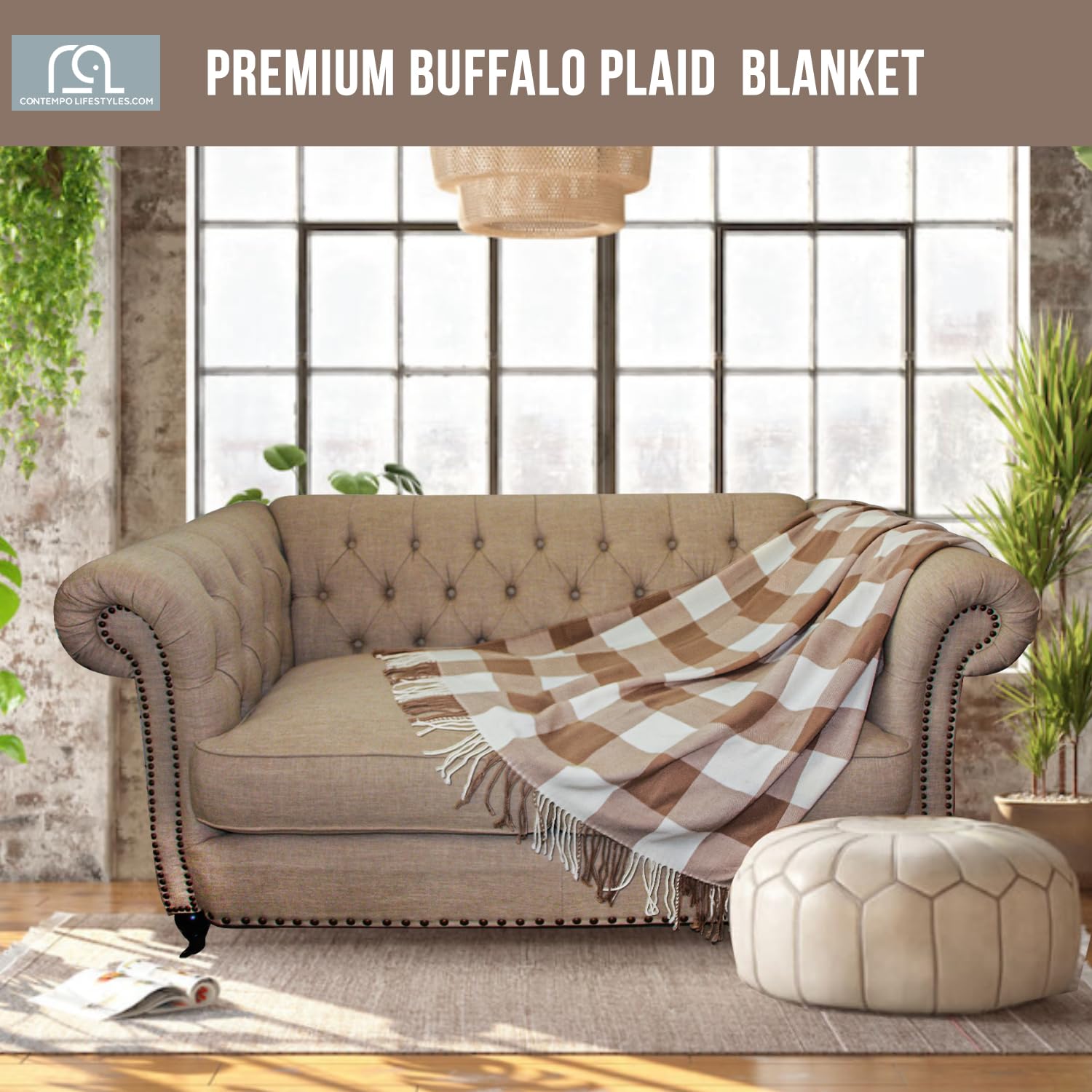 Contempo Lifestyles - Manta de cuadros de búfalo, 127 x 152 cm, manta clásica decorativa, cómoda y ultrasuave, ideal para la sala de estar, el sofá, viajes