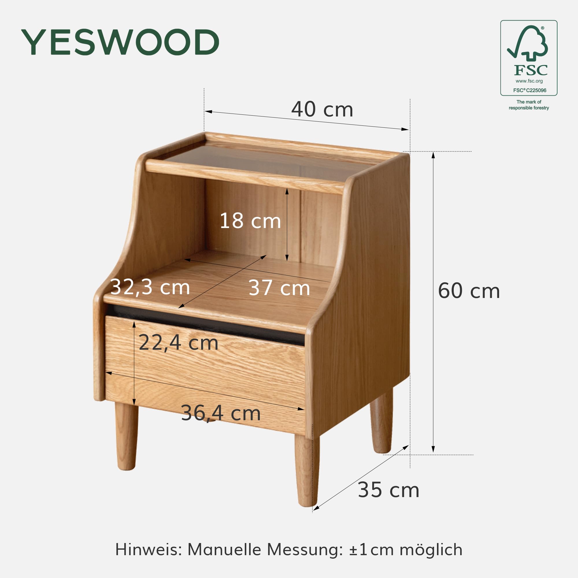 YESWOOD Massivholz Nachttisch mit Schubladen & Offenes Feld,40x35x60cm