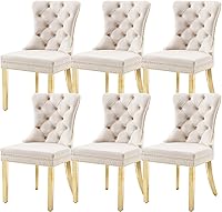 Vista 21 de KCC Juego de 6 sillas de comedor de terciopelo, silla de comedor tapizada de alta gama con respaldo acolchado, anillo de tracción de cabeza de Beige
