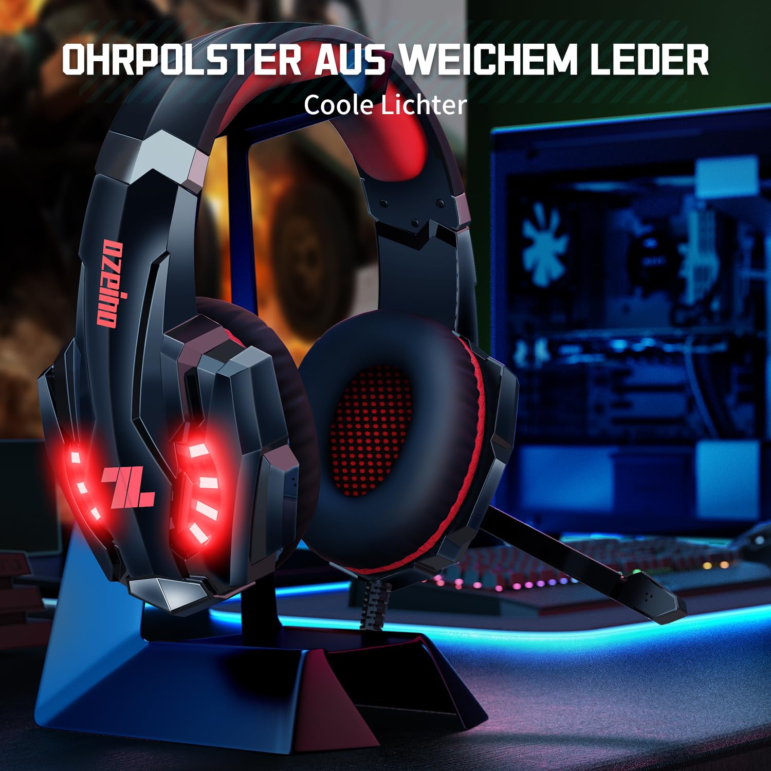 Ozeino Zestaw słuchawkowy gamingowy do PC Ps4 Switch Xbox One, 3D Surround Sound Headset Gaming, słuchawki z redukcją szumów z mikrofonem, różowy