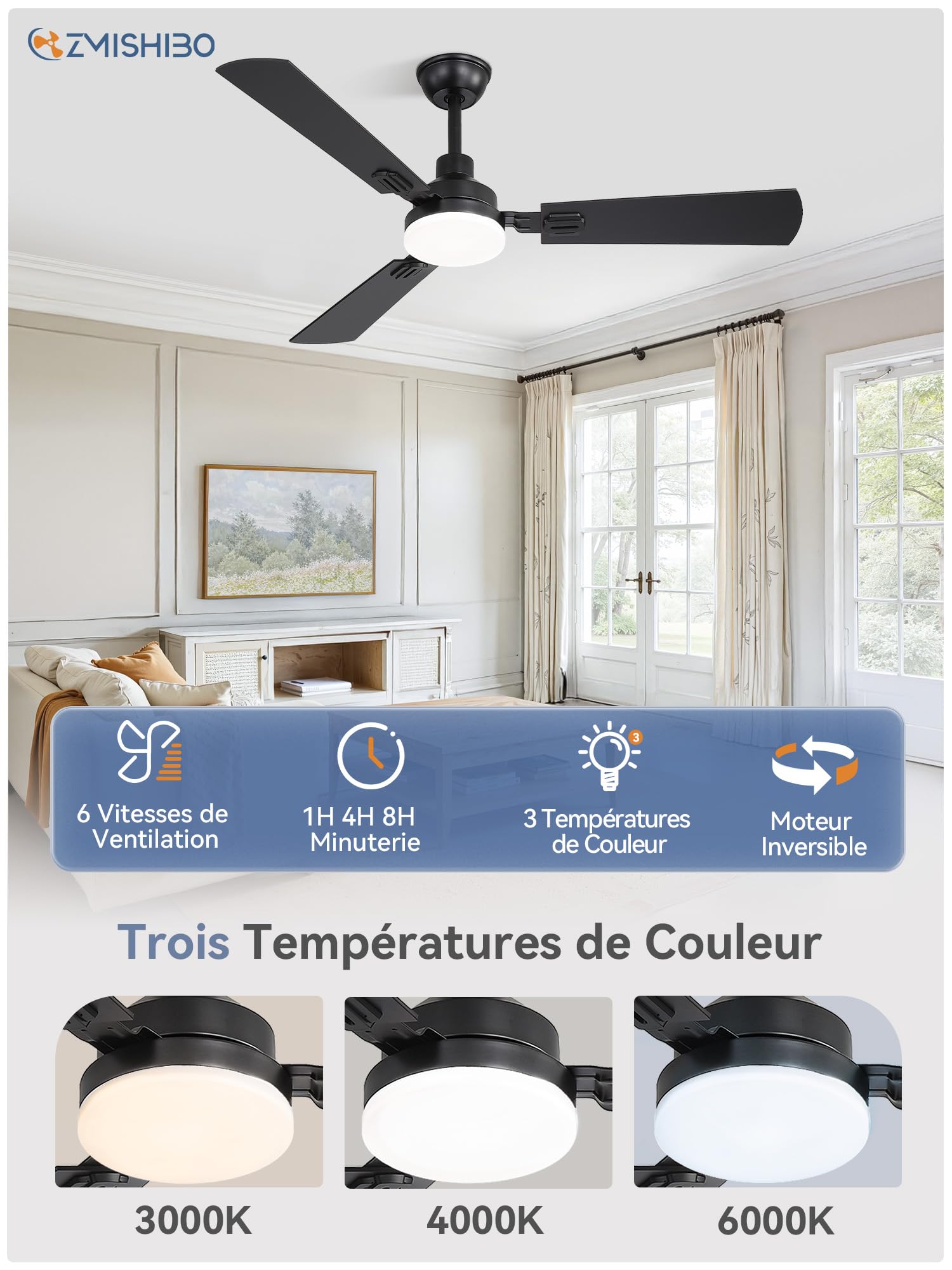 ZMISHIBO Ventilateur de Plafond avec Lumière LED 132 cm, Télécommande, Moteur DC Réversible, 6 Vitesses, 3000K-6000K