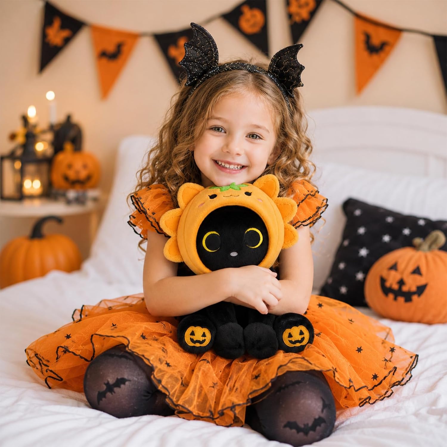 Halloween Stuffed Animal Pumpkin Axolotl Plush, Black Cat Plush with Pumpkin Hood, Halloween Plush Toy Gifts for Kids, Girls Boys, Party Favors, Basket Stuffers image 3