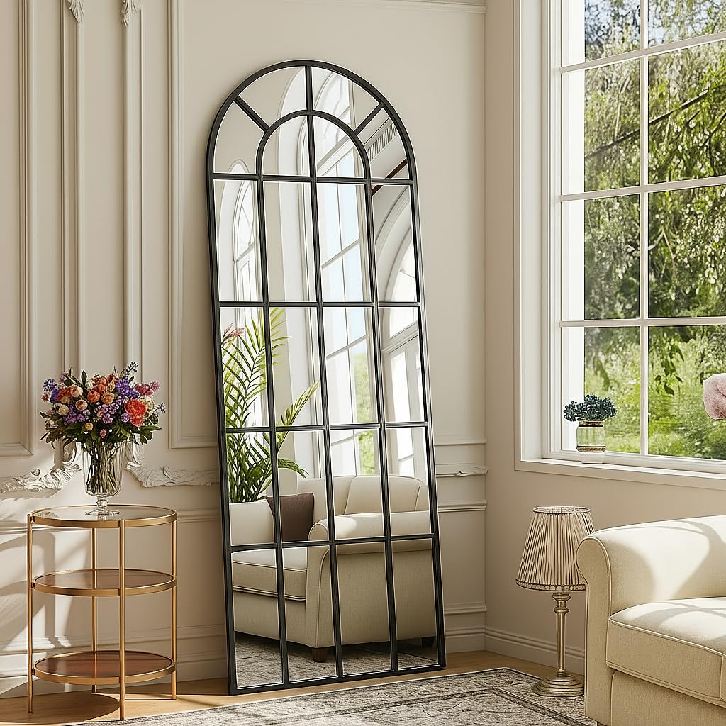 BEAUTYPEAK Windowpane Arched Full Length Mirror, 65"x24" Inch Wall Mounted Mirror with Metal Frame, Farmehouse Grid-Designed Decorative for Entryway, Living Room, Home Decor, Black