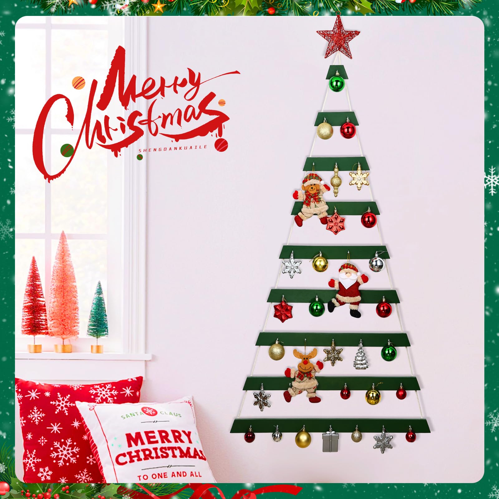 VAIPI Sapin de Noël à suspendre au mur de 152,4 cm avec décoration murale éclairée en bois vert à suspendre à plat pour les vacances, 152,4 x 76,2 cm
