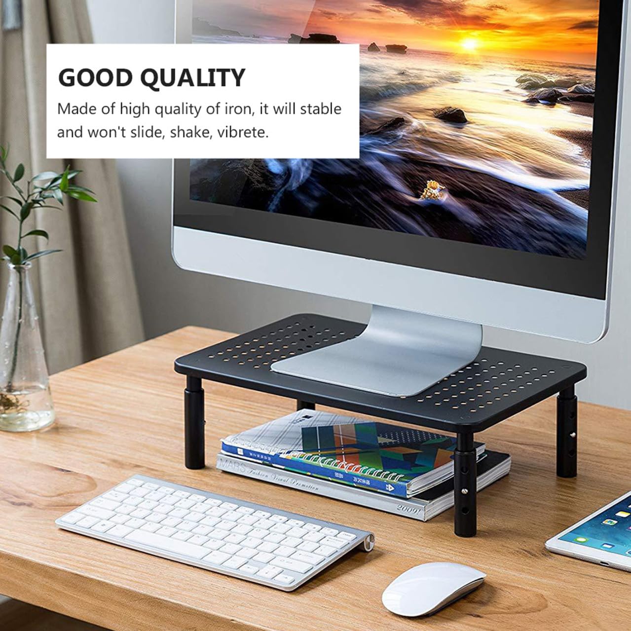 Hemobllo Supporto Monitor PC Rialzo in Ferro Nero 3 Altezze Regolabili | Angolo Visivo Ergonomico, Piano Spazio Contenitivo, Base Antiscivolo in Gomma