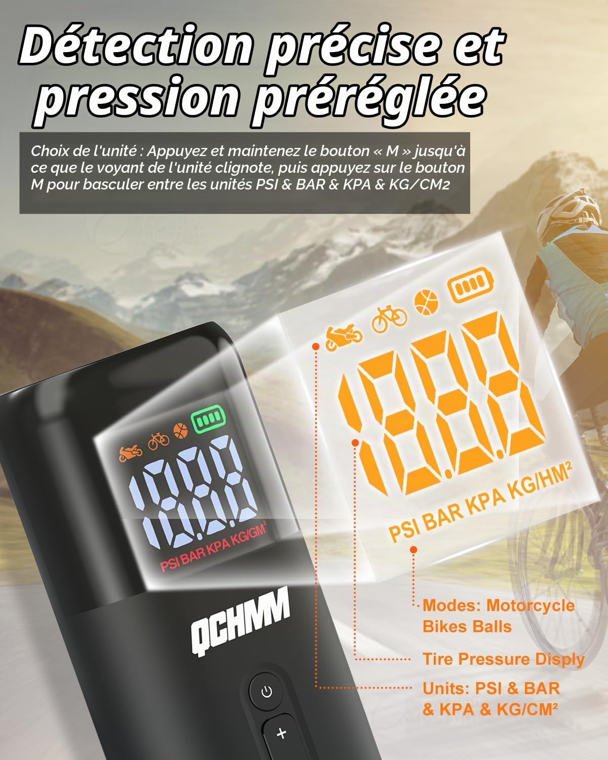 Pompe à vélo électrique avec Valve Presta et Schrader, Bar/PSI | Pompe Velo 150PSI, Mini Compresseur avec manometre, Gonfleur Velo Portable