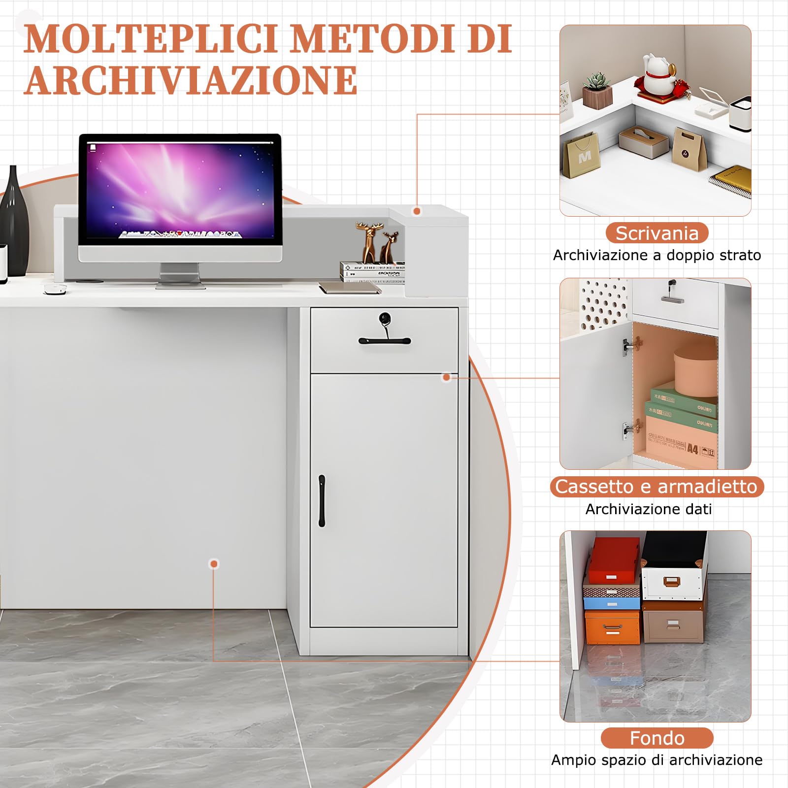 Bancone Reception Moderno in Legno con Ripiani e Cassetti, 100–180 cm Bancone Negozio, Bancone da Accoglienza per Ufficio, Salone, Negozio, Hotel, Studio Professionale Nero/Sinistra 160x100x60cm