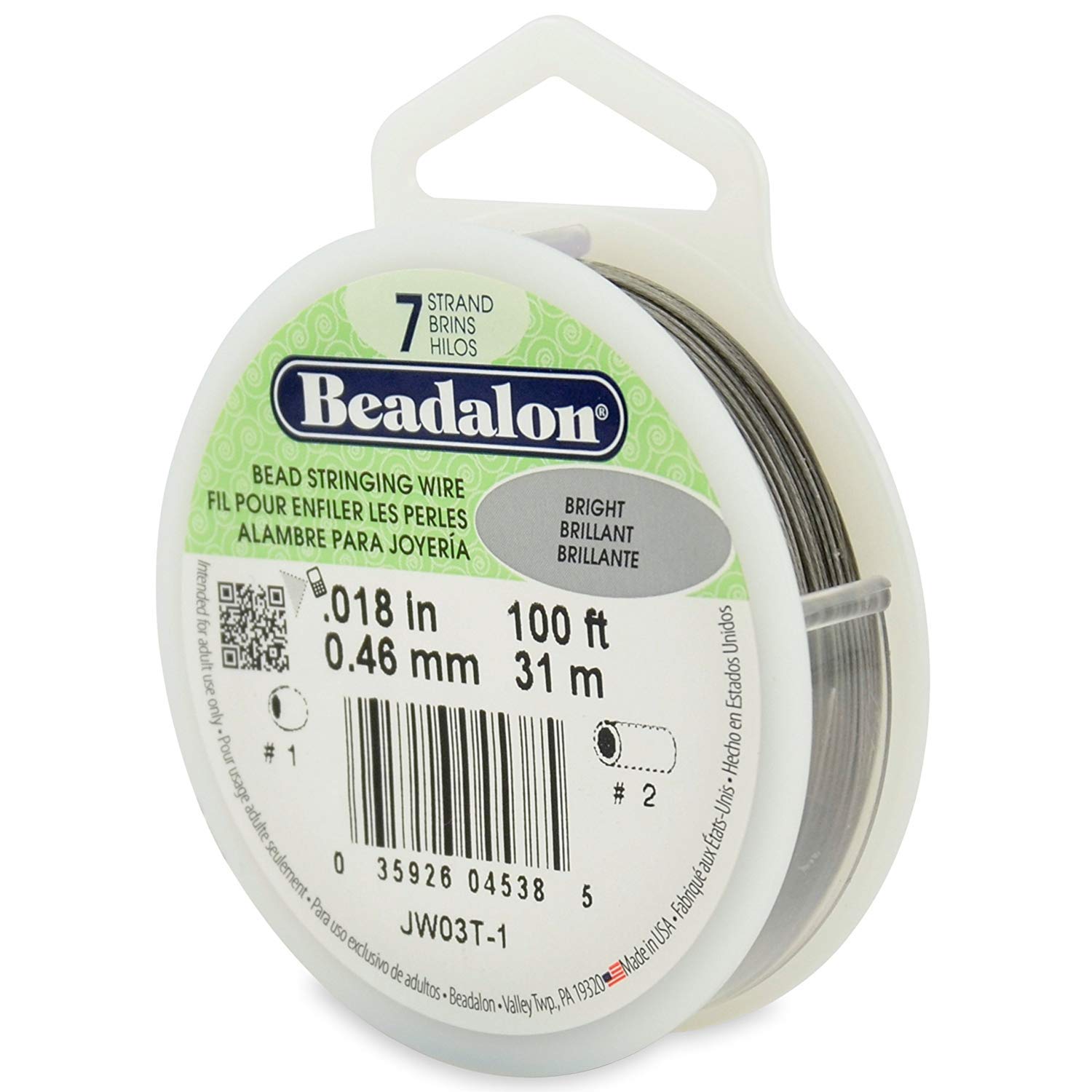 Beadalon JW03T-1 100-Feet 7-Strand Stainless Steel Bead Stringing Wire, 0.018-Inch, Bright