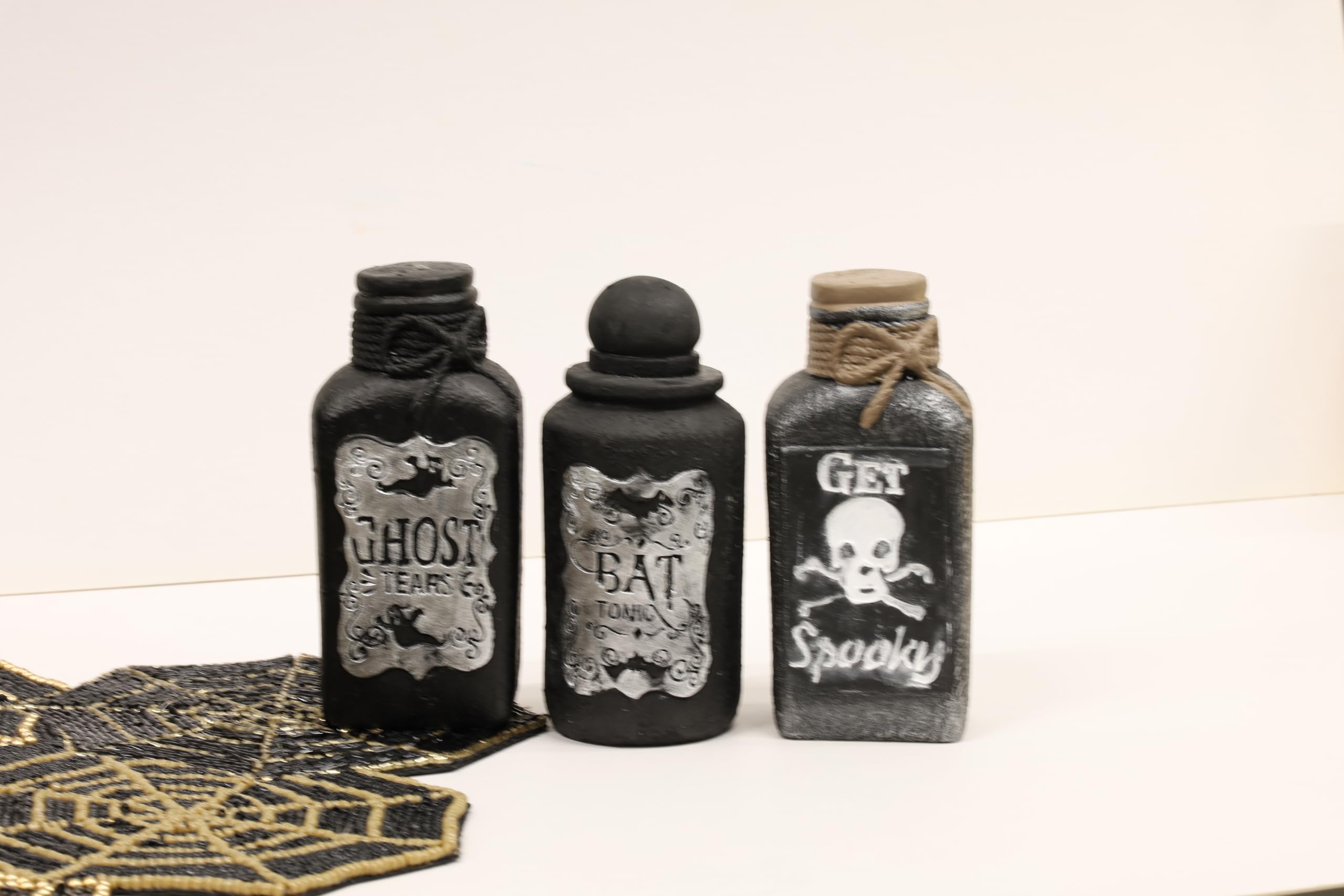 Fyne-Finds Halloween Cement Potion Scary Bottles Party Decor Ornament Black 15cm Set of 3