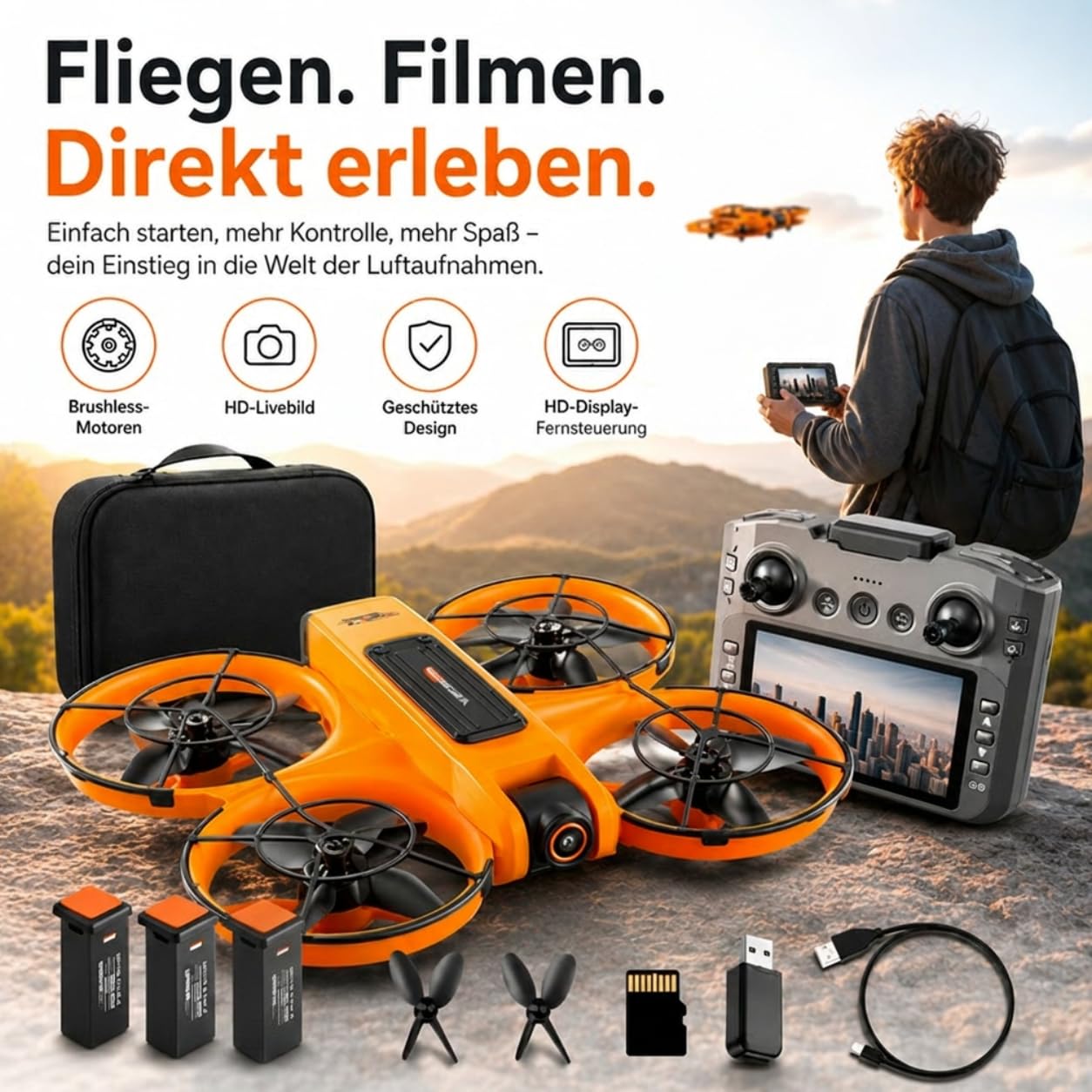 Drohne mit Kamera & Display Fernbedienung, Brushless Motor, Dual Kamera 90° verstellbar, FPV Live-Übertragung, Optical Flow, 360° Flip, LED, Anfänger & Kinder geeignet (Orange, Akkus: 3 St.)