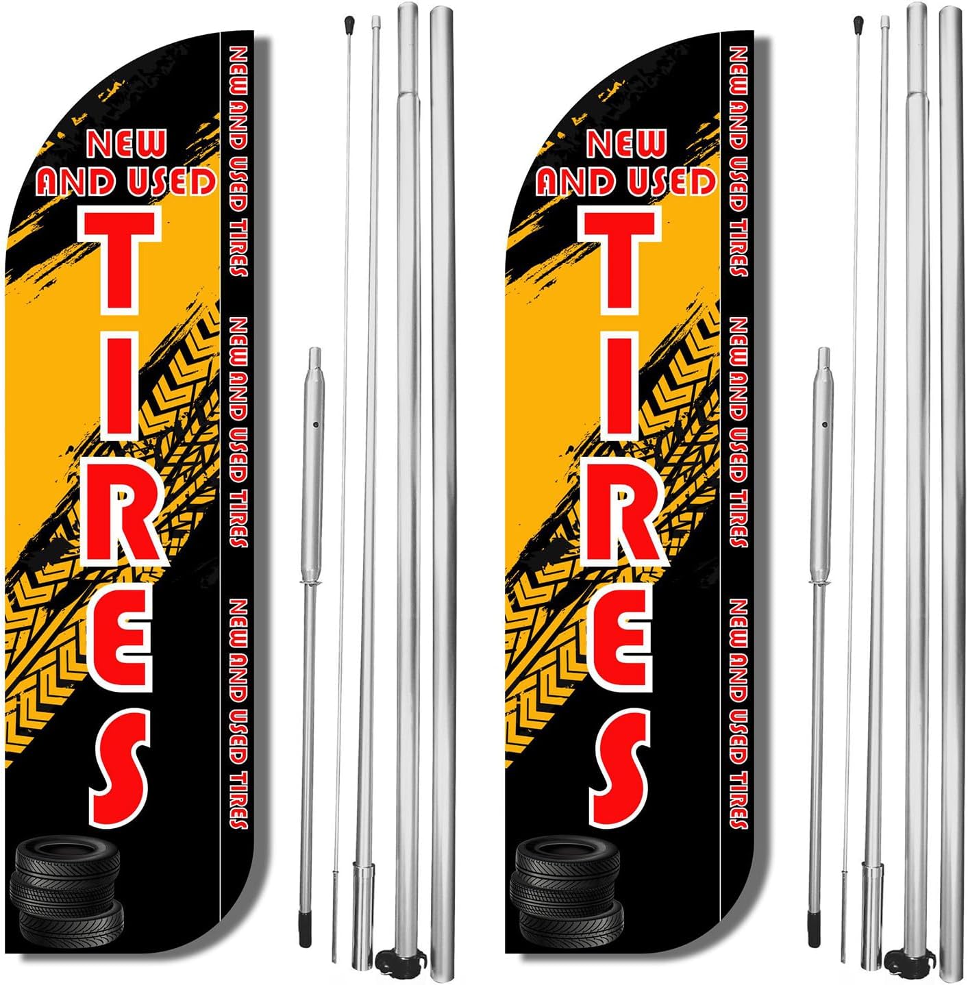 New & Used Tire King Windless Flags Pack of 2 | 11.5ft x 2.5ft Outdoor Advertising Tire Shop Flags | Weatherproof Polyester Banners for Business Marketing (With Complete Hybrid Pole Set)