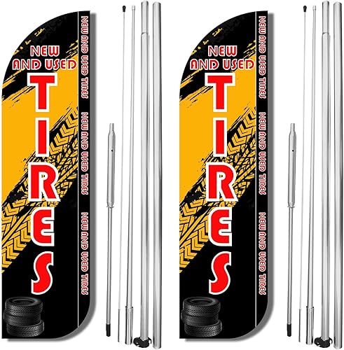 Paquete de 2 banderas sin viento Tire King nuevo y usado, 11.5 pies x 2.5 pies, banderas de tienda de neumáticos para publicidad exterior  Pancartas