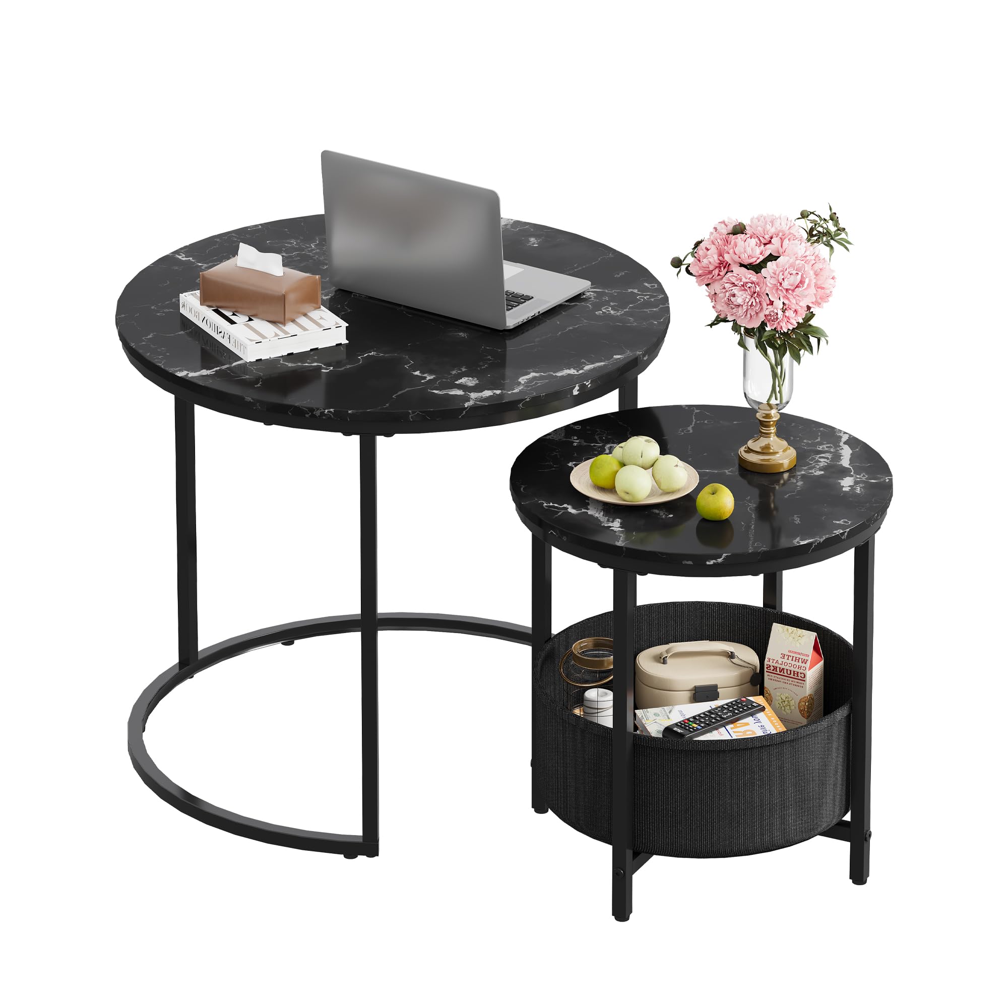 WLIVE Round Coffee Tables for Living Room, Nest of Tables Set of 2 with Storage and Marble Tableop, Side Tables for Bedroom, Office, Balcony, Marble Black