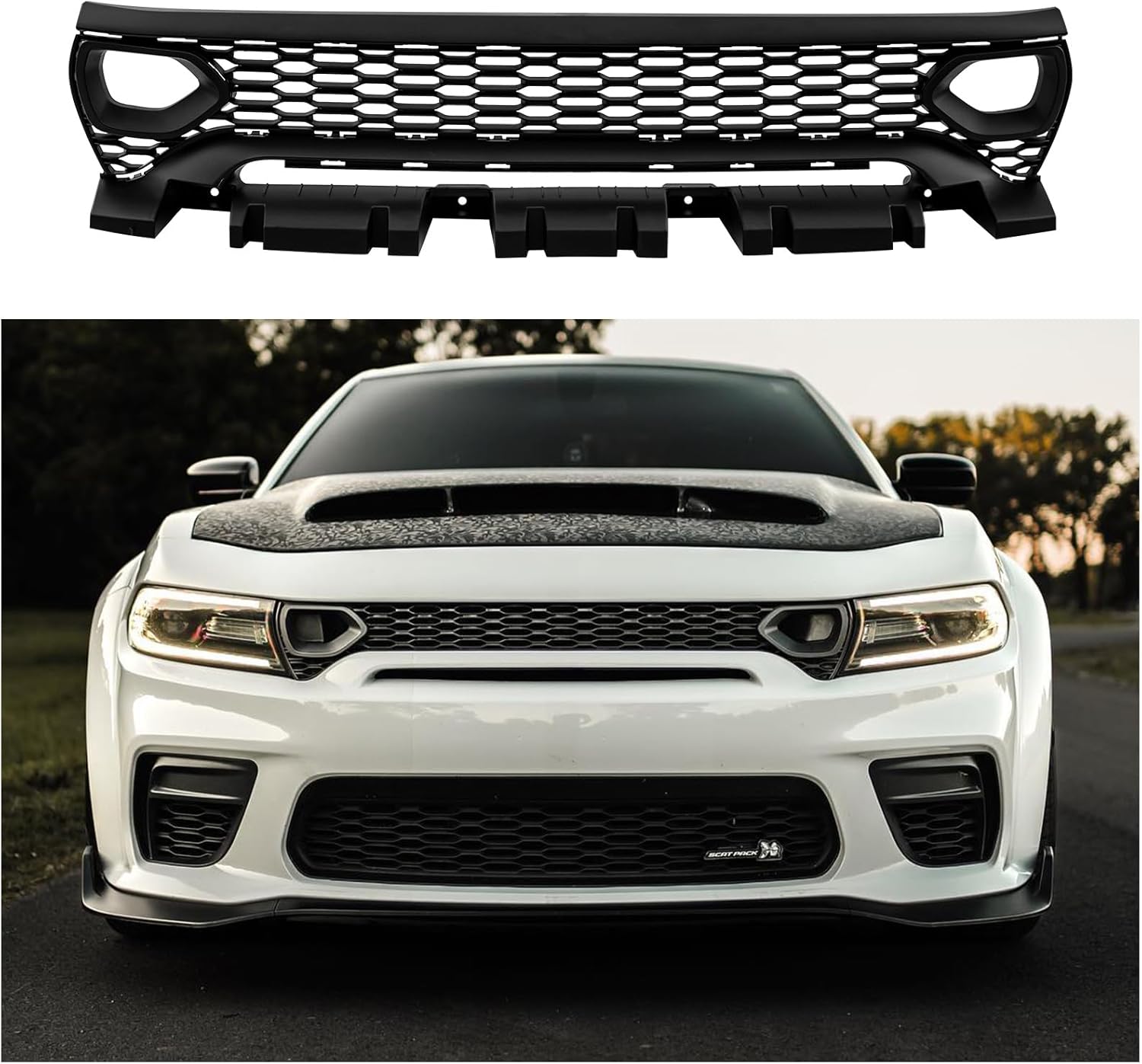 WildWell Front Bumper Grille Compatible With 2020-2024 Dodge Charger Widebody SRT Scat Pack, Front Upper Mesh Grille Matte Black
