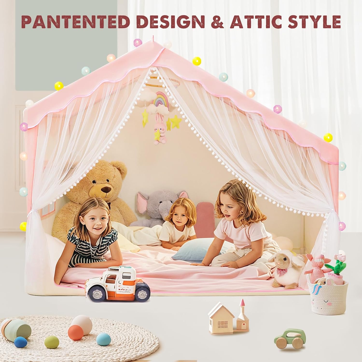 Kids Tent Indoor with Mat and Ball Lights - Play Tent for Kids Ages 4-8, Toddler Playhouse for Girls, 57" x 35" x 47" (Pink)