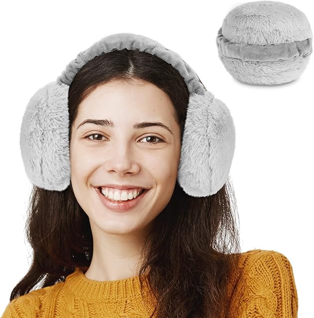 Women Earmuffs Winter Ear Muffs Adjustable Faux Fur Ear Warmer Girls Plush Foldable Windproof Warm Earmuff Grey Furry Cold Weather Ear Covers for Ladies Adults Kids