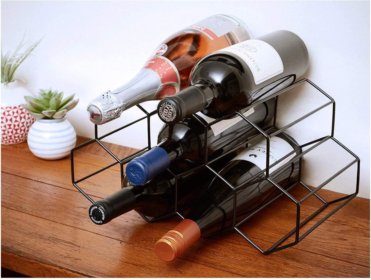 Metal Wine Rack Freestanding Tabletop Wine Bottles Rack Countertop Wine Bottle Holder - Geometric Design for Wine Cellar Bar Cabinet (Black)