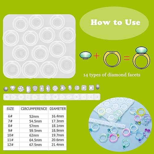 Miniatura 3 de 2 moldes de resina de silicona para anillos de joyería, moldes de resina epoxi con 7 tamaños diferentes y 14 gemas de corte diferentes para