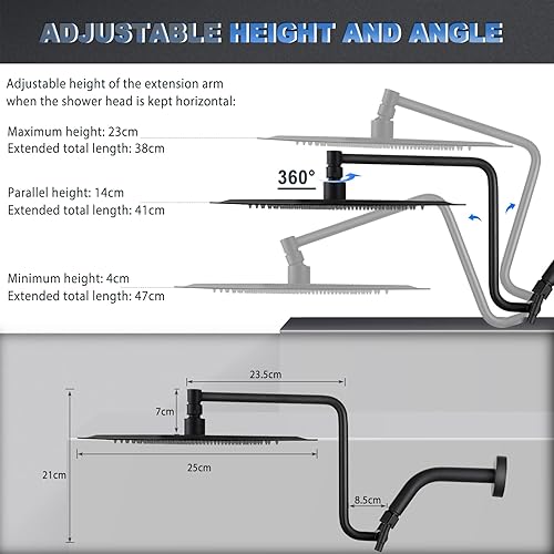 Miniatura 2 de YDmeet Cabezal de ducha de lluvia de 10 pulgadas con brazo de extensión ajustable de 12 pulgadas, cabezal de ducha de lluvia extra grande de alta