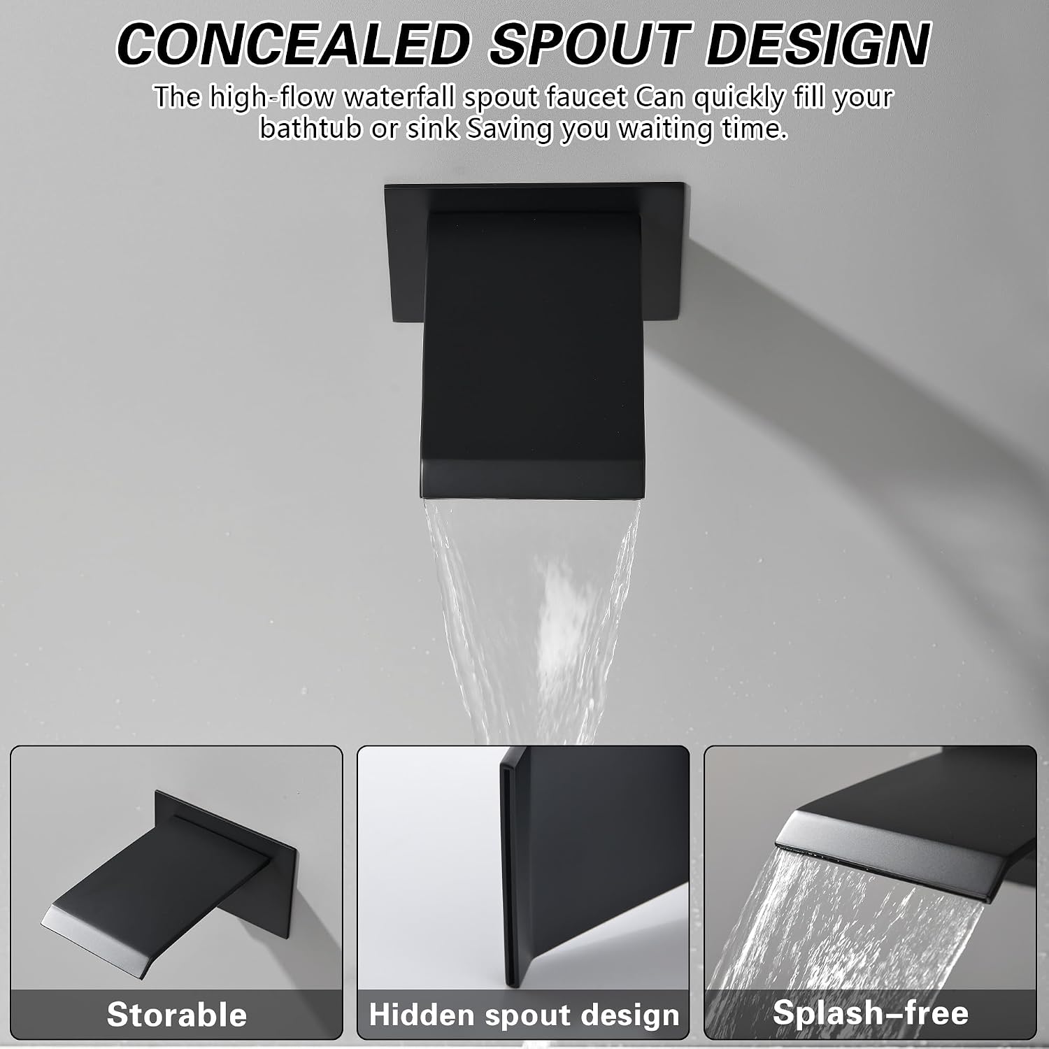 Waterfall Tub Faucet, Matte Black 304 Stainless Steel, Wall Mount, 4 Inch Bath Tub Spout, Fast Filling, Easy Installation
