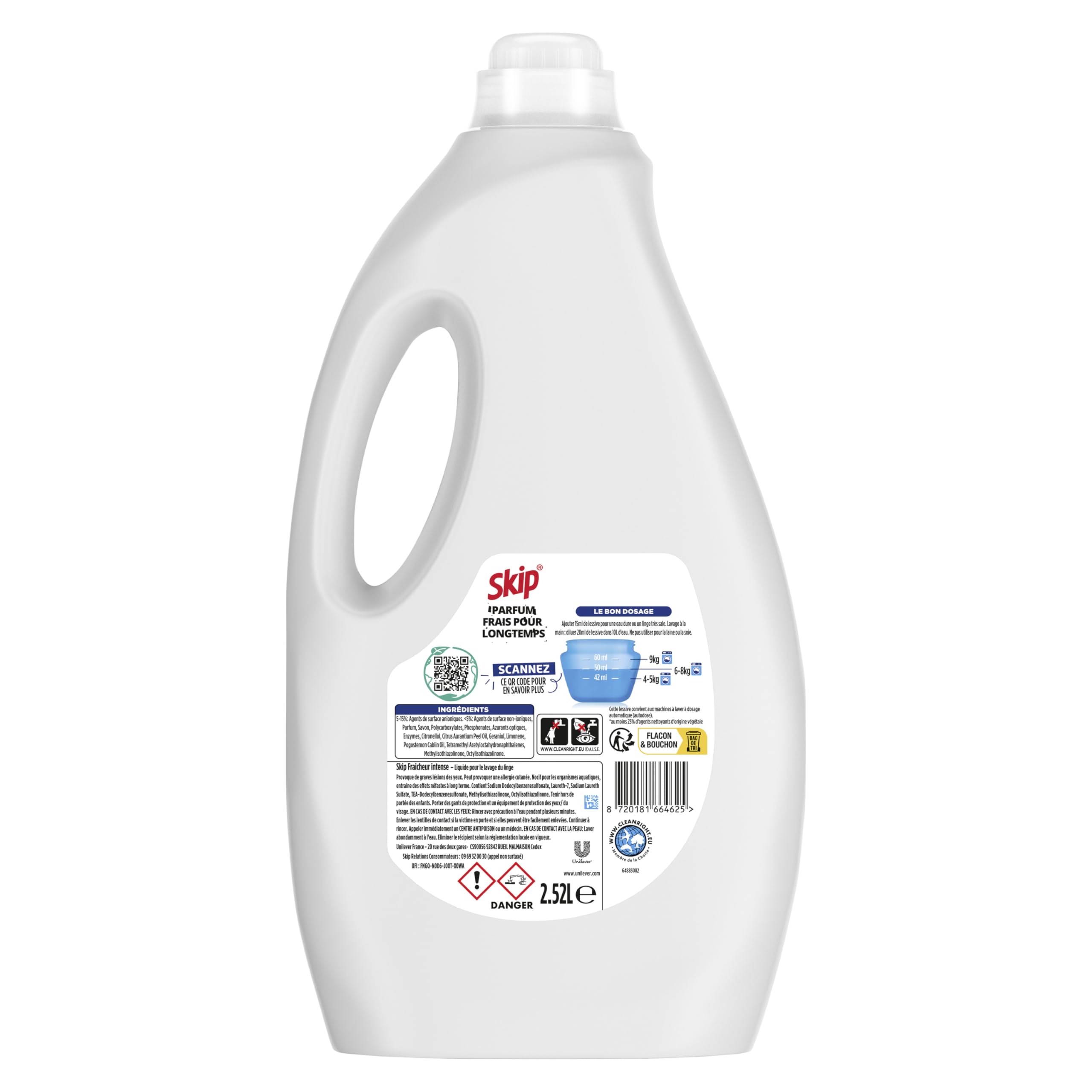 Skip - Lessive Liquide Fraicheur Intense - Action Détachante Efficace - 100% impeccable, éclatant et délicatement parfumé - 2x40 Lavages
