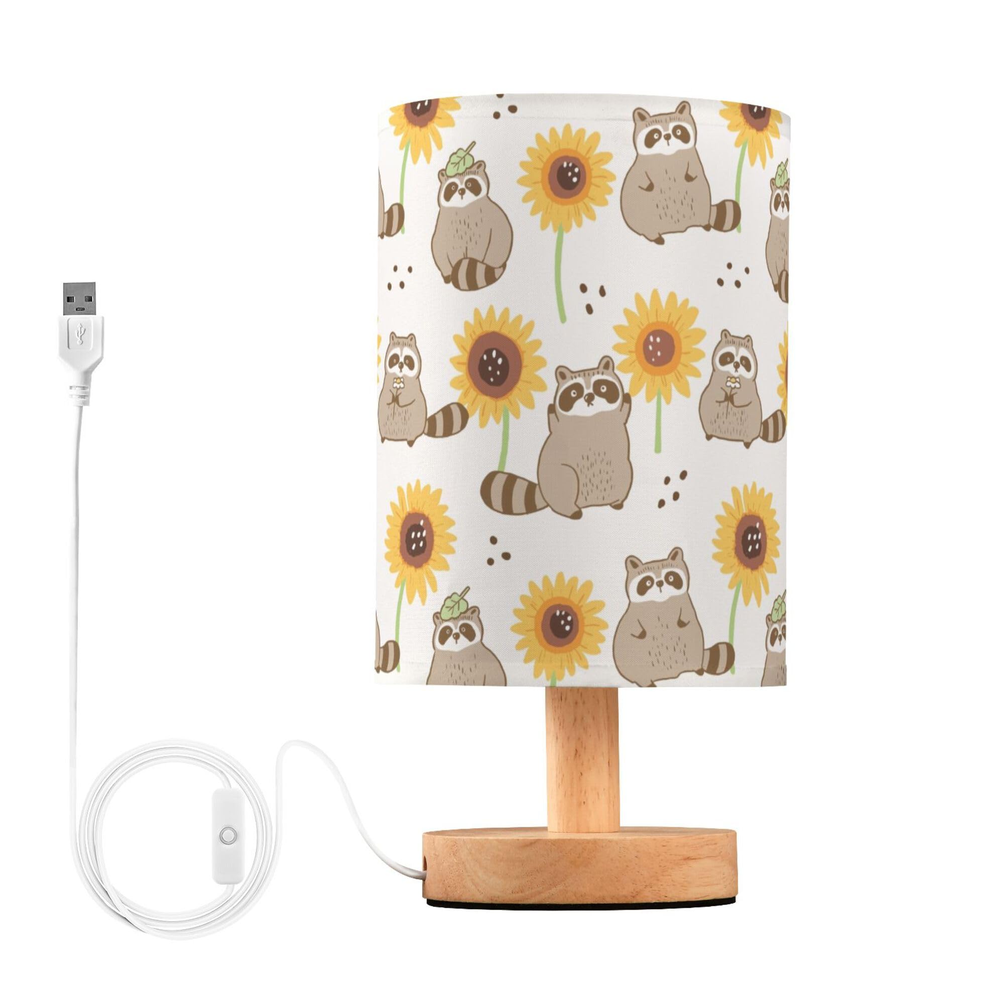 YYZZH Table Lamp Cartoon Raccoons and Sunflower Pattern Nightstand Lamp with Wood Base Fabric Lamp Shade Bedside Desk Lamp for Living Room Bedroom Kids Room Office