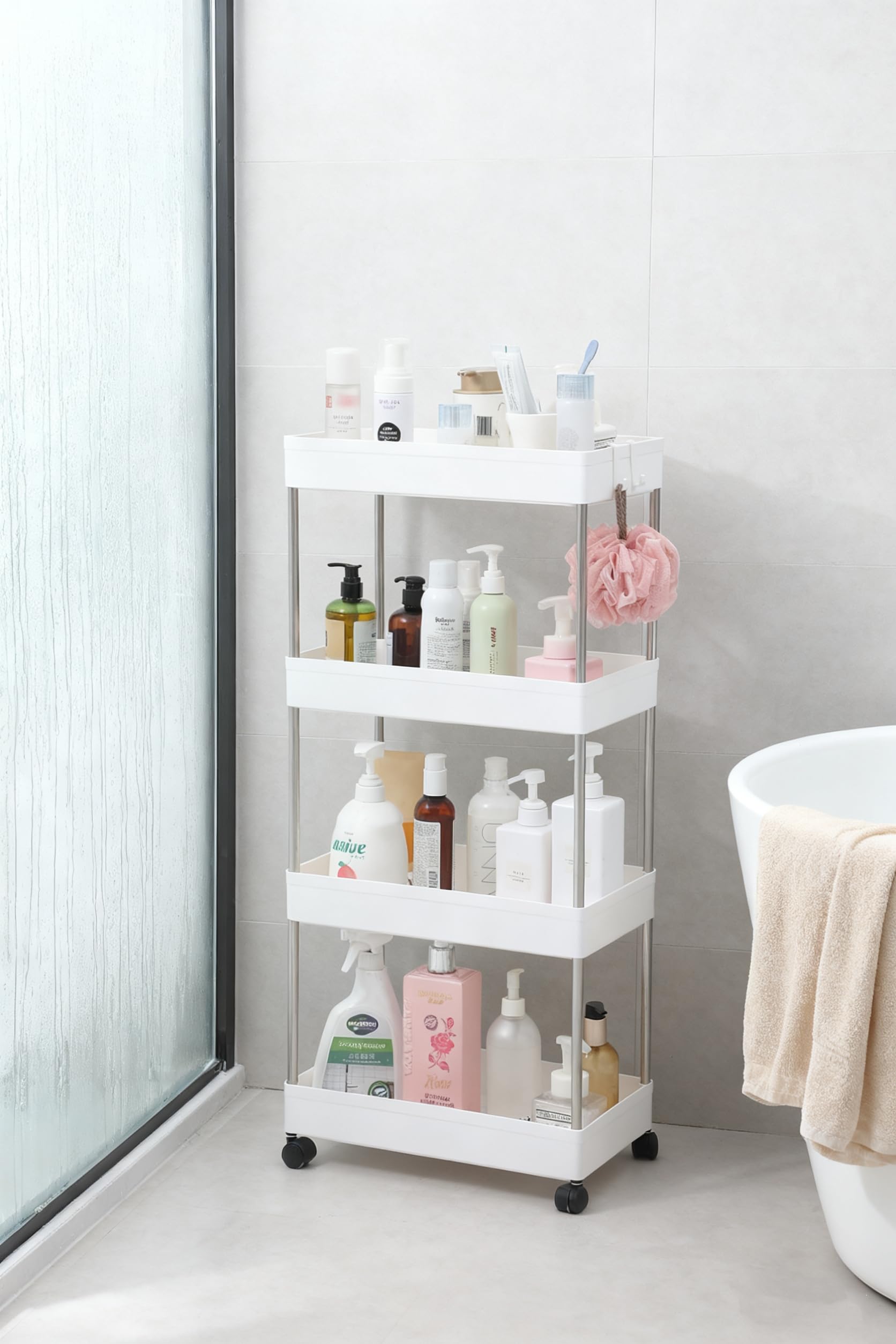 BM Carrello Portaoggetti con Ruote a 4 Ripiani – Scaffale Mobile da Cucina, Bagno o Lavanderia – Organizzatore Slim tra Mobili, in Plastica Resistente, Facile da Pulire (40x21.5x85CM)