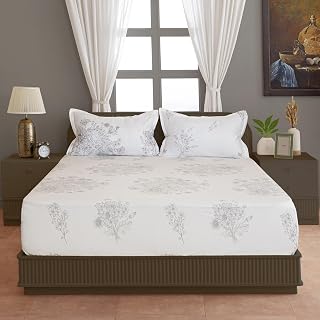 Swayam Zinnia Collection Premium Cotton 250 TC Floral Print Cotton Satin Double Bed Sheet with 2 Pillow Cover -White