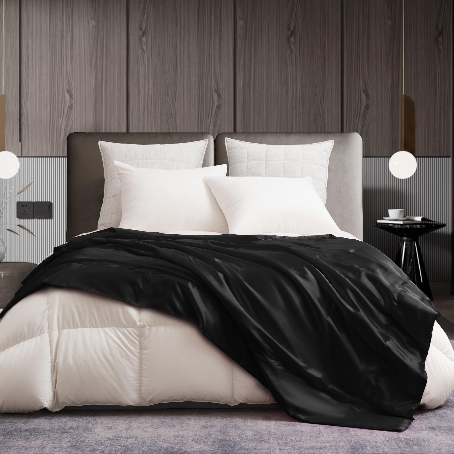 Satin Decke 150x200 Schwarz Sofadecke Kühlende Seidige Seide Sommerdecke Leicht Weich Luxus Glatt Glänzend Satin Tagesdecke Kuscheldecke für Bett Sofa Couch Schlafzimmer Büro Reisen