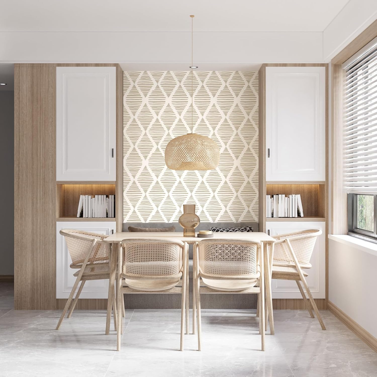 Modern Beige and White Wallpaper 17.3"×480" Geometric Stripe Peel and Stick Wallpaper Contact Paper Removable Self Adhesive Vinyl Wall Paper for Living Room Bedroom