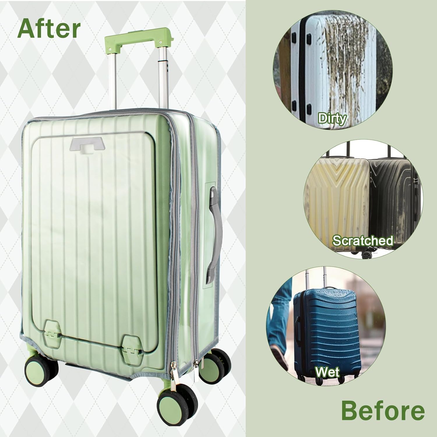Clear PVC Suitcase Cover Protector, Carry on Luggage Protective Covers for Wheeled Suitcase Waterproof Dustproof Anti-scratch, Special Designed for 20" Luggage with Front Open Pocket, No Disassembly