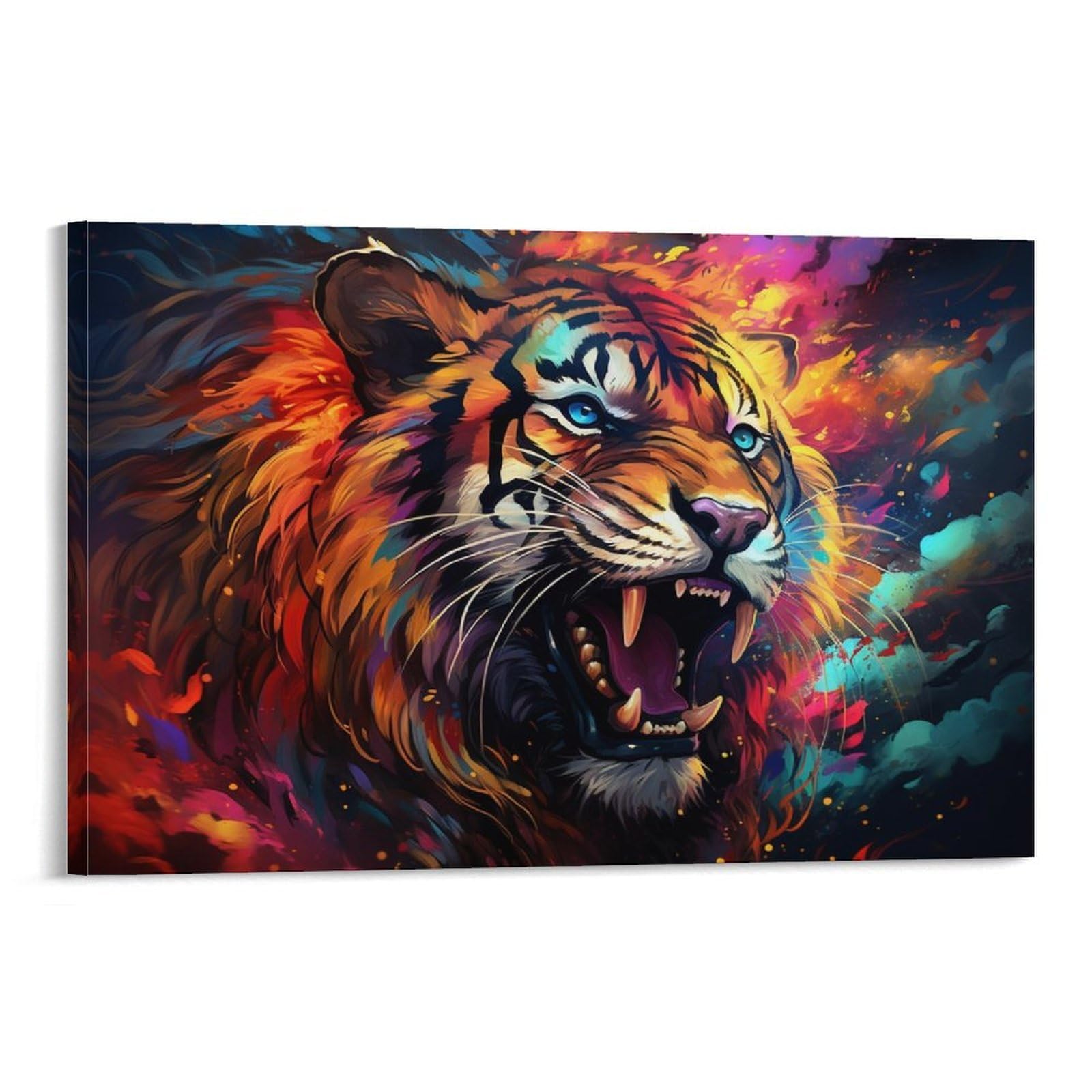 CPLVKWRQJ Bright Magical Colorful Single Vibrant Roaring Tiger Portrait Canvas Print - Living Room Gallery Wall Statement Piece Fade Resistant Ready to Hang 12x18inch(30x45cm)