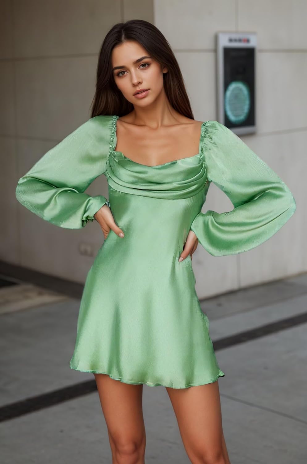 Satin Long Sleeve Cocktail Party Dress Cowl Neck Short Pleated Mini Party Dress for Teens 2026 - Image 6