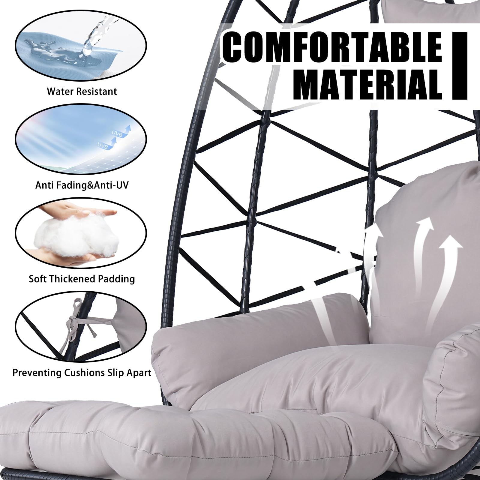 Silla colgante de huevo con soporte y reposapiernas, silla oscilante de mimbre de ratán con cojín, silla colgante de cesta de patio, silla hamaca de mimbre para interiores y exteriores, dormitorio