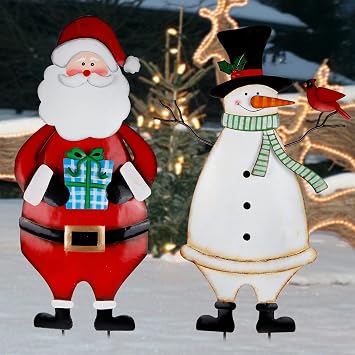 Hausse 2 Pack Christmas Garden Metal Stakes, 31.5 Inch Decorative Snowman and Santa Claus, Xmas Yard Signs for Outdoor Decorations, Holiday New Year Home Decor for Lawn Pathway Patio