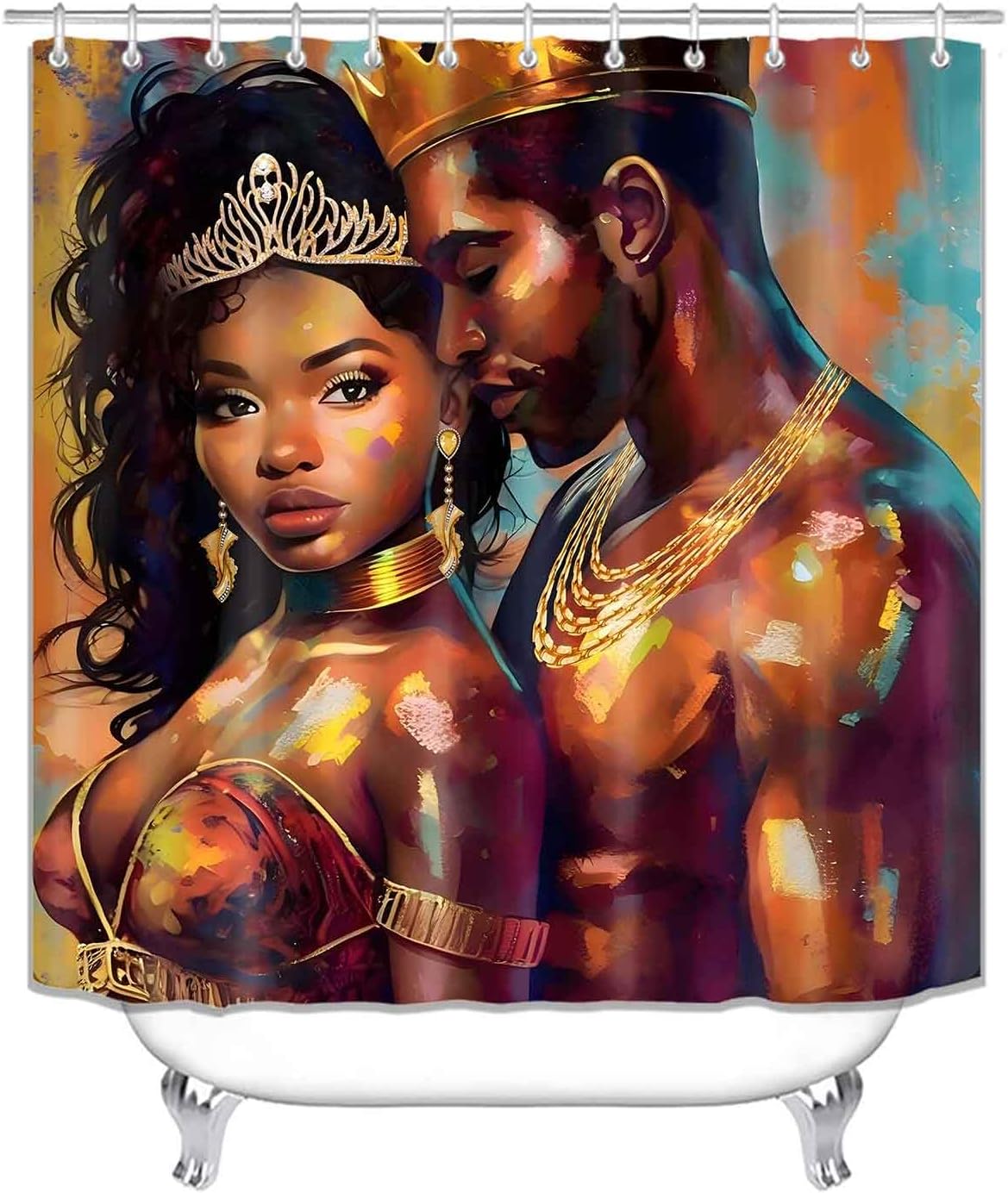 4PCS African American Shower Curtain Sets with Rugs, Waterproof Fabric Shower Curtain, Romantic Black King and Queen Afro Couple Lovers Black Woman Man Luxury Gold Crown African Bathroom Decor
